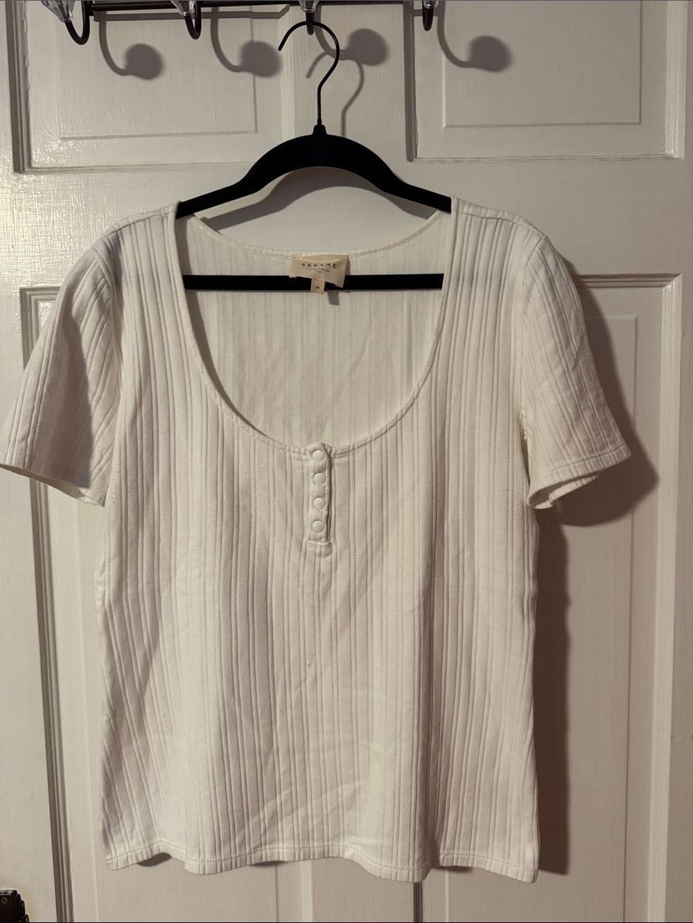 Sezane Mao Ecru White Ribbed T-shirt Size Medium